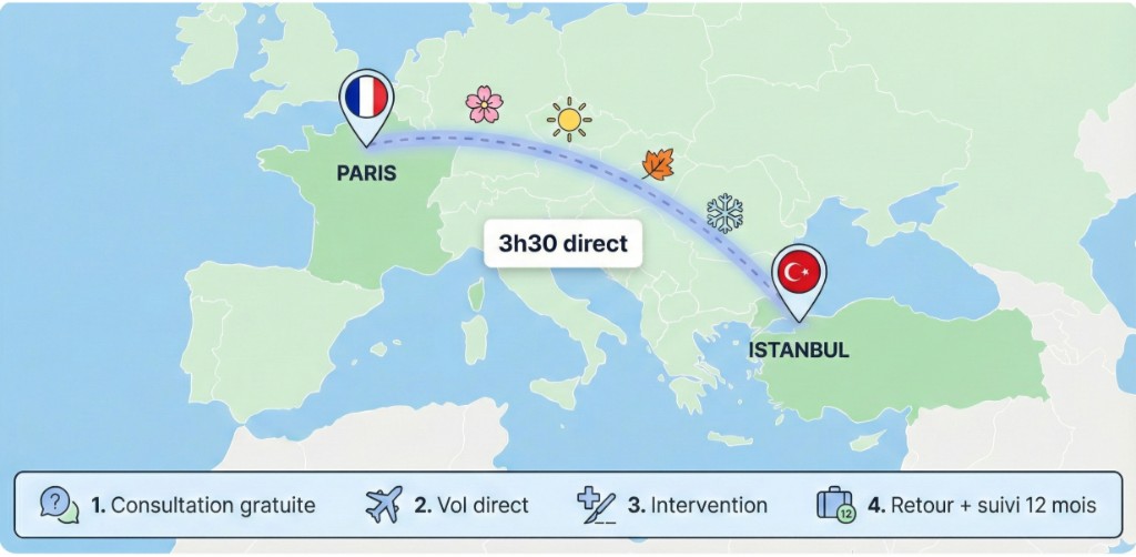 Carte du parcours patient pour greffe de cheveux de Paris vers Istanbul : carte stylisée de l'Europe et de la Méditerranée avec Paris marqué d'un pin et du drapeau français, Istanbul marqué d'un pin et du drapeau turc. Trajet de vol en arc pointillé bleu entre les deux villes avec badge '3h30 direct'. Le long du trajet : 4 icônes saisonnières (fleur de cerisier pour le printemps, soleil pour l'été, feuille d'érable pour l'automne, flocon de neige pour l'hiver). Bande inférieure avec les 4 étapes du parcours : 1. Consultation gratuite (icône point d'interrogation), 2. Vol direct (icône avion), 3. Intervention (icône chirurgie), 4. Retour + suivi 12 mois (icône calendrier).
