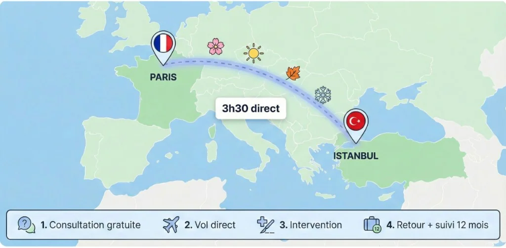 Carte du parcours patient pour greffe de cheveux de Paris vers Istanbul : carte stylisée de l'Europe et de la Méditerranée avec Paris marqué d'un pin et du drapeau français, Istanbul marqué d'un pin et du drapeau turc. Trajet de vol en arc pointillé bleu entre les deux villes avec badge '3h30 direct'. Le long du trajet : 4 icônes saisonnières (fleur de cerisier pour le printemps, soleil pour l'été, feuille d'érable pour l'automne, flocon de neige pour l'hiver). Bande inférieure avec les 4 étapes du parcours : 1. Consultation gratuite (icône point d'interrogation), 2. Vol direct (icône avion), 3. Intervention (icône chirurgie), 4. Retour + suivi 12 mois (icône calendrier).