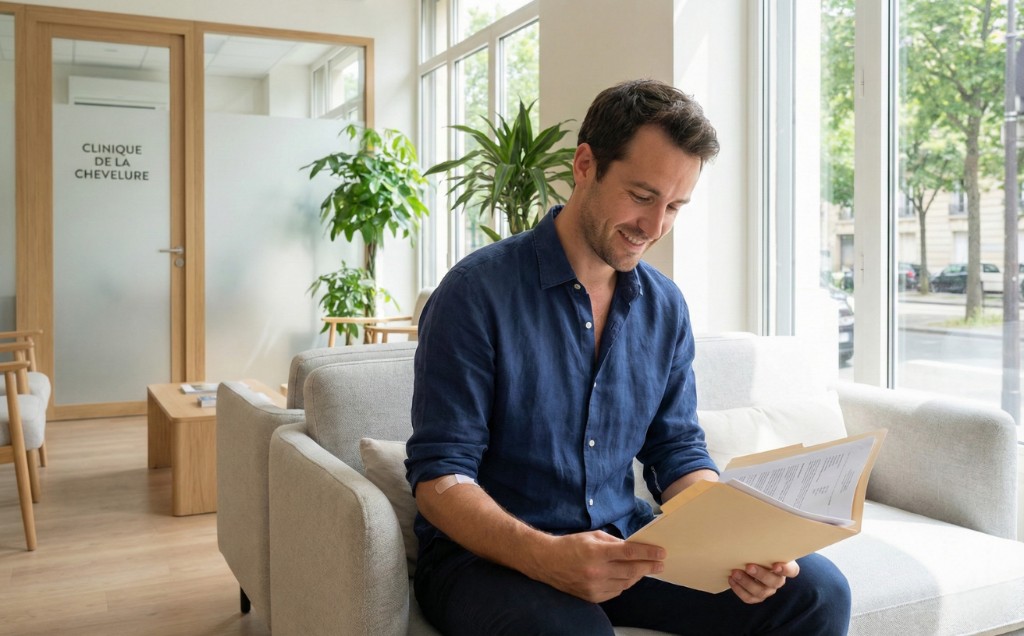 Patient souriant assis dans la salle d'attente d'une clinique capillaire le matin de son intervention de greffe de cheveux — vêtements à col largable, documents médicaux en main, atmosphère sereine et lumineuse dans un cadre médical professionnel