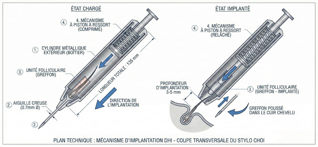 Plan technique en coupe transversale du stylo implanteur Choi pour greffe DHI : état chargé (gauche) montrant le cylindre métallique extérieur, l’aiguille creuse de 0.7mm, l’unité folliculaire (greffon) dans le canal et le mécanisme à piston à ressort compressé — état implanté (droite) montrant le piston relâché poussant le greffon dans le cuir chevelu à une profondeur de 3-5mm, longueur totale du stylo 135mm