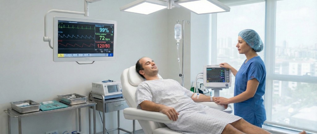 Patient détendu sous sédation légère IV pendant une greffe de cheveux à Istanbul : anesthésiste-réanimateur en blouse bleue surveillant les constantes vitales (saturation O2 99%, rythme cardiaque 72 bpm, pression artérielle 120/80) sur un moniteur en temps réel, perfusion intraveineuse de midazolam visible, environnement clinique stérile et lumineux