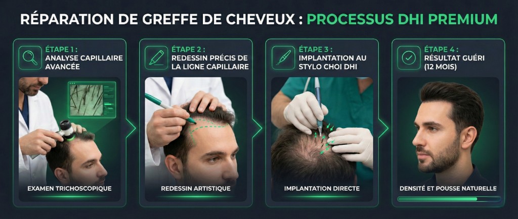 Processus DHI premium de réparation de greffe de cheveux en 4 étapes : étape 1 analyse capillaire avancée par examen trichoscopique, étape 2 redessin précis de la ligne capillaire au marqueur chirurgical, étape 3 implantation directe au stylo Choi DHI entre greffons existants, étape 4 résultat guéri à 12 mois montrant densité et pousse naturelle
