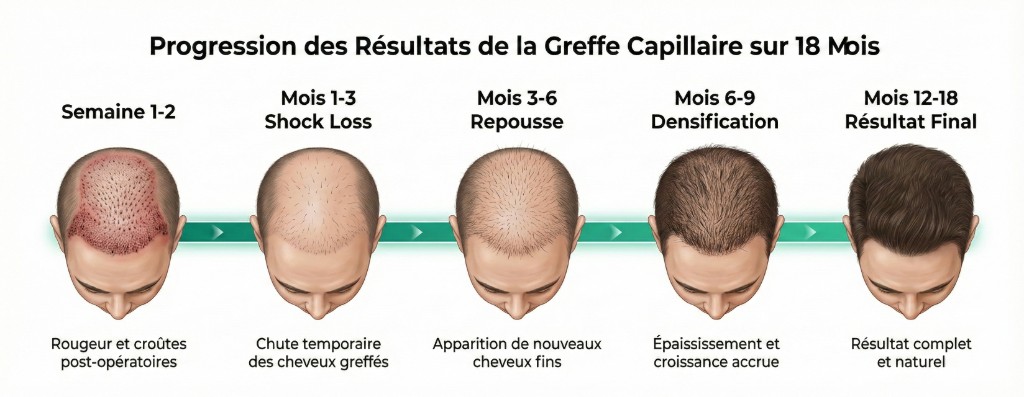 Progression des résultats greffe capillaire sur 18 mois — Du shock loss au résultat final | Renaissance Clinique Progression des résultats de la greffe capillaire sur 18 mois en 5 étapes : Semaine 1-2 rougeur et croûtes post-opératoires, Mois 1-3 shock loss (chute temporaire des cheveux greffés), Mois 3-6 repousse (apparition de nouveaux cheveux fins), Mois 6-9 densification (épaississement et croissance accrue), Mois 12-18 résultat final complet et naturel — barre de progression verte reliant chaque étape