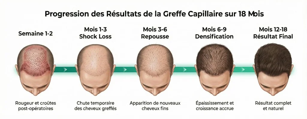 Progression des résultats de la greffe capillaire sur 18 mois en 5 étapes : Semaine 1-2 rougeur et croûtes post-opératoires, Mois 1-3 shock loss (chute temporaire des cheveux greffés), Mois 3-6 repousse (apparition de nouveaux cheveux fins), Mois 6-9 densification (épaississement et croissance accrue), Mois 12-18 résultat final complet et naturel — barre de progression verte reliant chaque étape