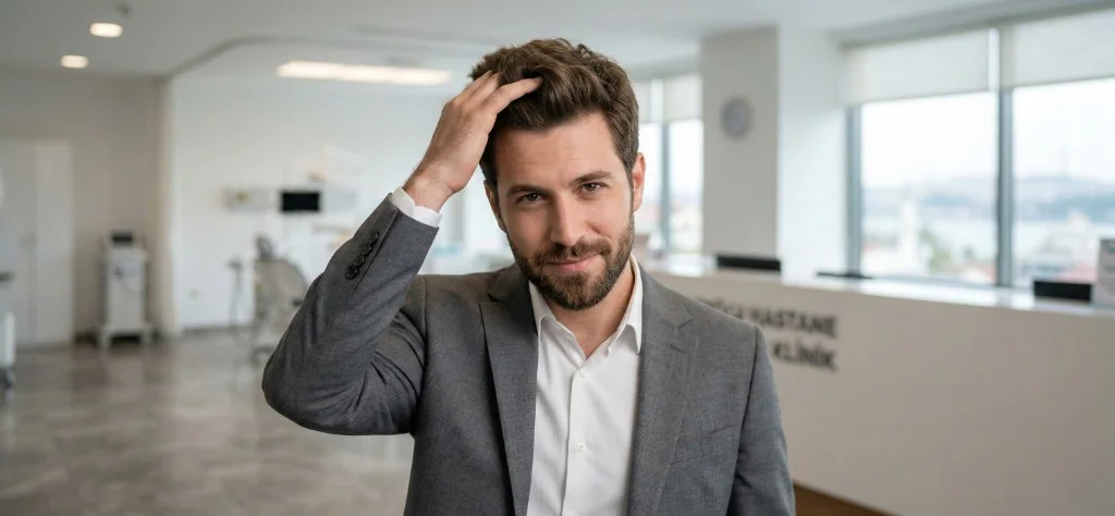 Résultat naturel d'une greffe de cheveux pour homme à Istanbul : patient satisfait avec densité capillaire restaurée sur la ligne frontale et le vertex après intervention FUE Saphir en clinique certifiée