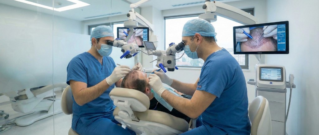 Salle d'intervention d'une clinique de greffe capillaire à Istanbul : deux chirurgiens en tenue stérile bleue réalisant une opération sous microscopes binoculaires haute définition, écrans de contrôle affichant le cuir chevelu en gros plan, patient installé sur fauteuil ergonomique, environnement clinique moderne avec cloisons vitrées et éclairage chirurgical