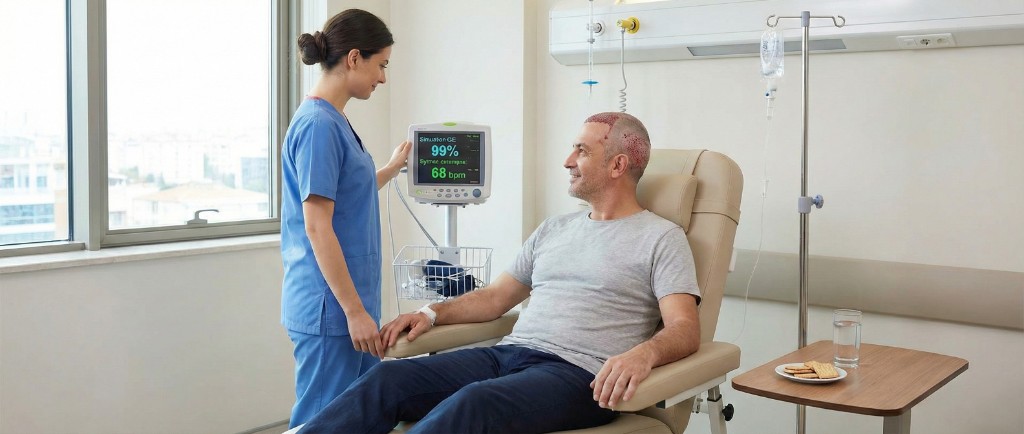 Salle de réveil après greffe capillaire sous sédation légère IV à Istanbul : patient détendu et souriant dans un fauteuil médical, infirmière en blouse bleue vérifiant les constantes vitales sur le moniteur (Saturation O2 99%, rythme cardiaque 68 bpm), perfusion IV visible, environnement clinique lumineux avec lumière naturelle, verre d’eau et collation légère sur la table d’appoint