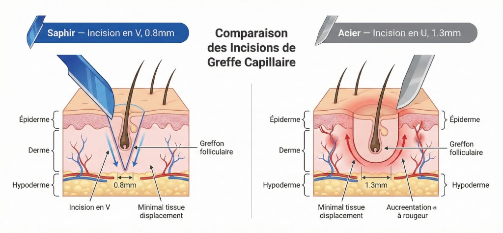 Schéma médical comparatif des incisions de greffe capillaire : à gauche, lame saphir avec incision en V de 0.8mm dans le derme (déplacement tissulaire minimal, greffon folliculaire bien positionné) ; à droite, lame acier avec incision en U de 1.3mm (canal plus large, augmentation de la rougeur). Couches anatomiques étiquetées : épiderme, derme, hypoderme, vaisseaux sanguins.