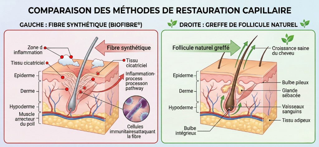 Schéma médical en coupe transversale du cuir chevelu comparant une fibre synthétique Biofibre® (à gauche : zone d'inflammation, tissu cicatriciel, cellules immunitaires attaquant la fibre, épiderme-derme-hypoderme) versus un follicule naturel greffé par FUE (à droite : bulbe pileux intègre, glande sébacée, vaisseaux sanguins, croissance saine du cheveu)