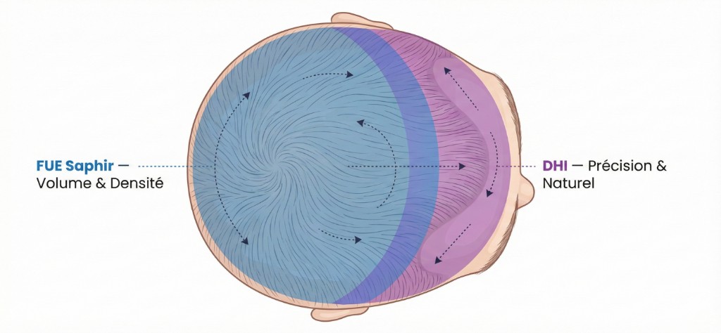 Schéma vue de dessus (bird's eye) du cuir chevelu masculin montrant les zones de traitement de l'approche hybride greffe capillaire : zone postérieure (vertex, mid-scalp, couronne) en bleu pour la FUE Saphir — Volume & Densité, zone antérieure (ligne frontale, tempes) en violet pour la DHI — Précision & Naturel, avec une zone de transition bleu-violet au mid-scalp et les directions naturelles de pousse des cheveux indiquées par des flèches
