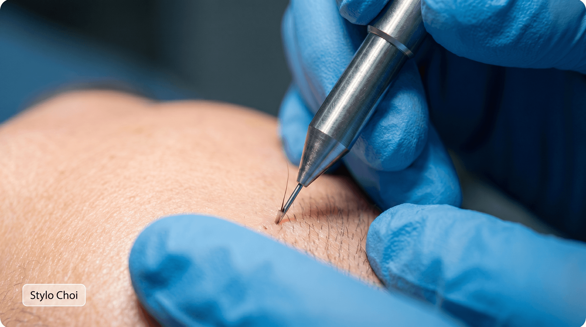 Technique Choi Pen — Stylo implanteur Choi réalisant une implantation directe de greffon capillaire | Renaissance Clinique Gros plan médical sur un stylo implanteur Choi métallique implantant directement un greffon capillaire dans le cuir chevelu lors d'une greffe Choi Pen Technique : pointe à aiguille fine pénétrant la peau, gants chirurgicaux bleus, environnement stérile — label 'Stylo Choi — Implantation Directe Choi Pen'