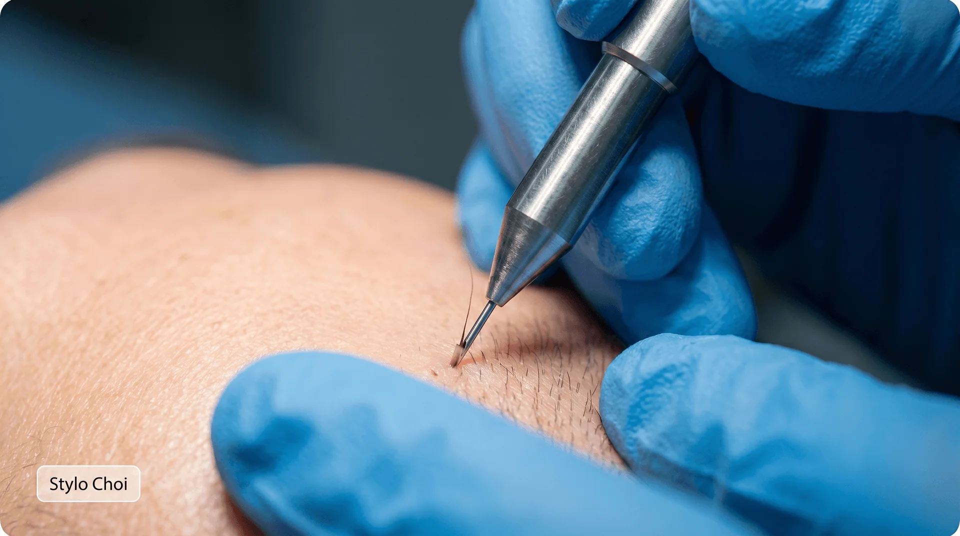 Gros plan médical sur un stylo implanteur Choi métallique implantant directement un greffon capillaire dans le cuir chevelu lors d'une greffe Choi Pen Technique : pointe à aiguille fine pénétrant la peau, gants chirurgicaux bleus, environnement stérile — label 'Stylo Choi — Implantation Directe Choi Pen'