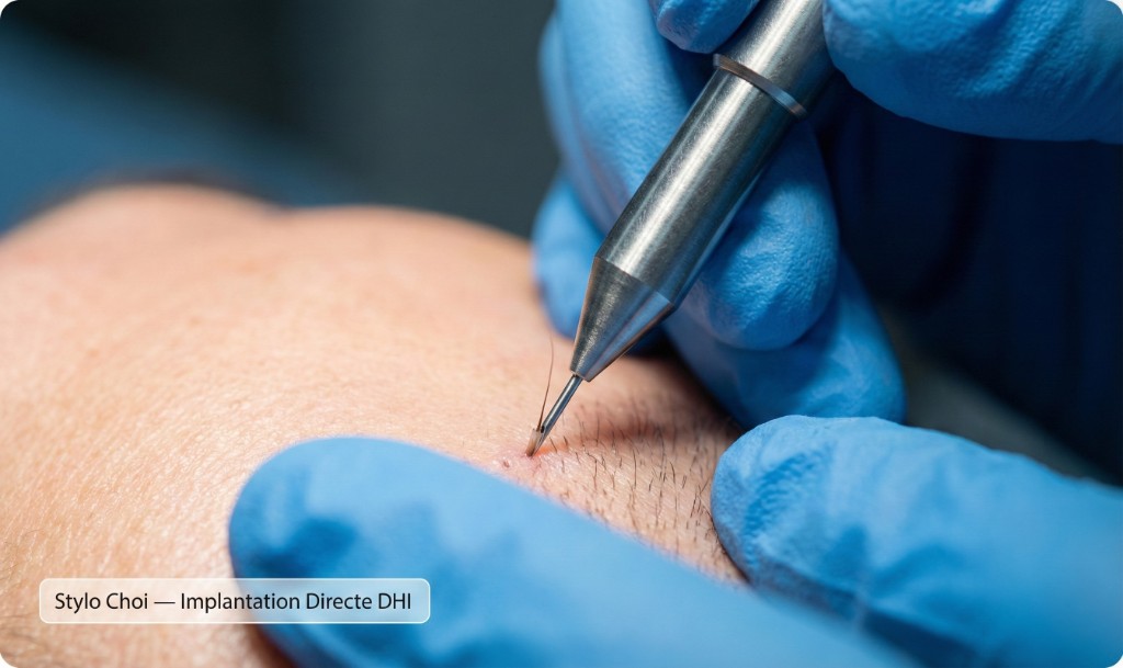 Gros plan médical sur un stylo implanteur Choi métallique implantant directement un greffon capillaire dans le cuir chevelu lors d'une greffe DHI (Direct Hair Implantation) : pointe à aiguille fine pénétrant la peau, gants chirurgicaux bleus, environnement stérile — label 'Stylo Choi — Implantation Directe DHI'