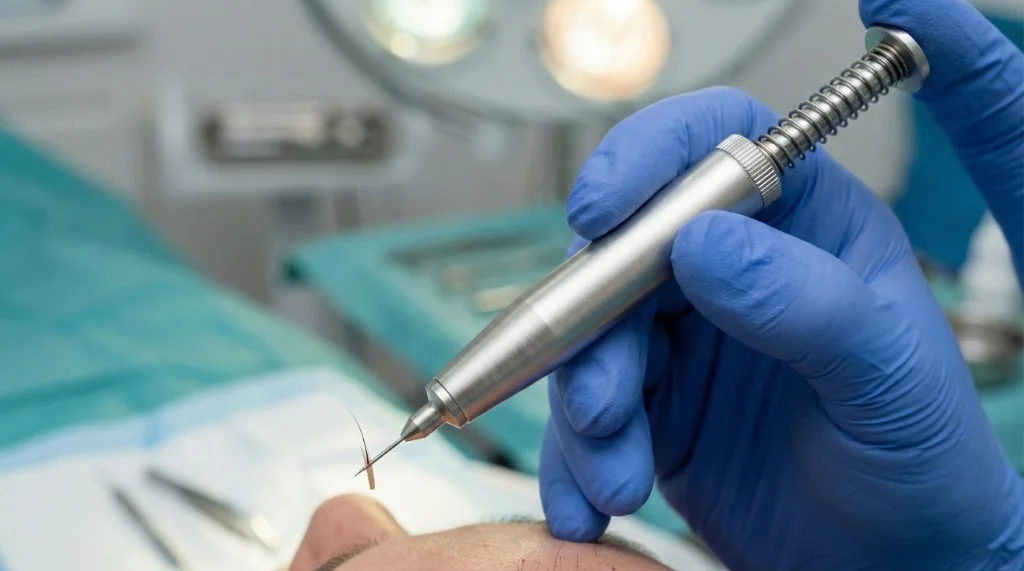 Stylo implanteur Choi (Choi Implanter Pen) tenu par un chirurgien ganté pendant une greffe de cheveux Choi Pen : aiguille creuse de 0.7mm chargée d’un greffon folliculaire, implantation directe dans le cuir chevelu du patient sans incision préalable — technique Choi Pen Technique à Istanbul
