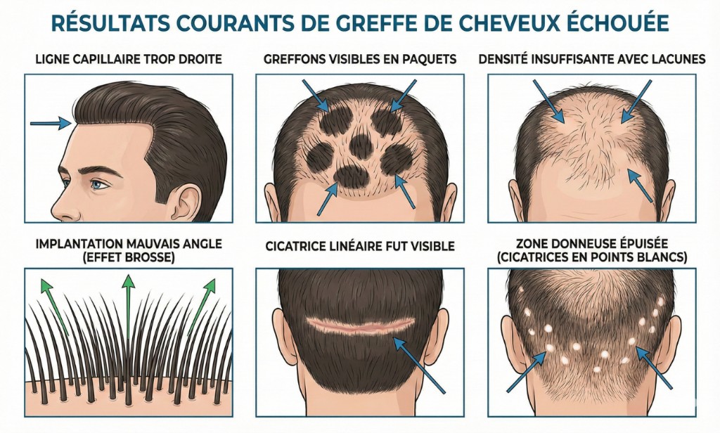 Six résultats courants d'une greffe de cheveux échouée : ligne capillaire trop droite, greffons visibles en paquets (plugs), densité insuffisante avec lacunes, implantation à mauvais angle créant un effet brosse, cicatrice linéaire FUT visible sur la nuque, zone donneuse épuisée avec cicatrices en points blancs