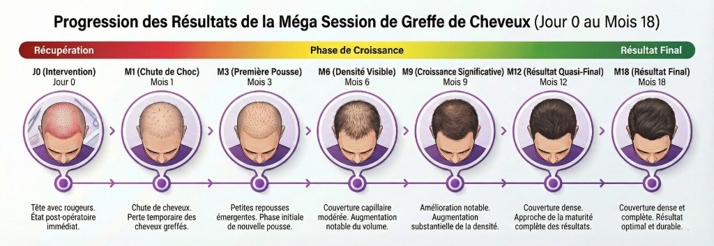 Chronologie illustrée de la progression des résultats après méga session de greffe de cheveux, du Jour 0 au Mois 18 : J0 Intervention (tête avec rougeurs, état post-opératoire immédiat), M1 Chute de Choc (perte temporaire des cheveux greffés), M3 Première Pousse (petites repousses émergentes, phase initiale de nouvelle pousse), M6 Densité Visible (couverture capillaire modérée, augmentation notable du volume), M9 Croissance Significative (amélioration notable, augmentation substantielle de la densité), M12 Résultat Quasi-Final (couverture dense, approche de la maturité complète), M18 Résultat Final (couverture dense et complète, résultat optimal et durable). Barre de progression colorée : rouge (récupération) → jaune/vert (phase de croissance) → vert foncé (résultat final).