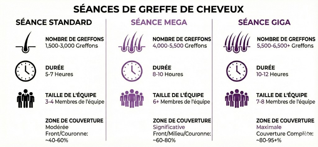 Infographie comparant trois types de séances de greffe de cheveux : Séance Standard (1 500-3 000 greffons, 5-7 heures, équipe de 3-4, couverture 40-60%), Séance Méga (4 000-5 500 greffons, 8-10 heures, équipe de 6+, couverture 60-80%) et Séance Giga (5 500-6 500+ greffons, 10-12 heures, équipe de 7-8, couverture 80-95%+). Chaque colonne montre le nombre de greffons, la durée, la taille de l'équipe et la zone de couverture avec icônes violettes.