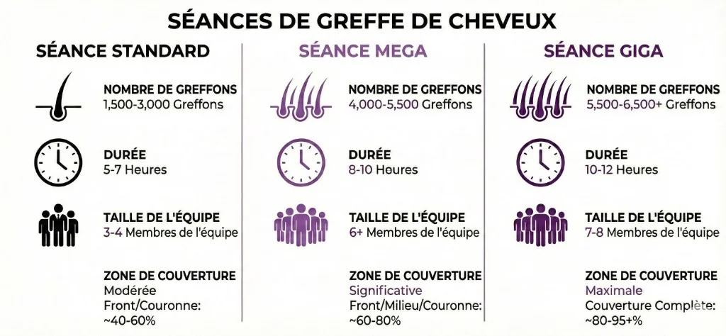 Infographie comparant trois types de séances de greffe de cheveux : Séance Standard (1 500-3 000 greffons, 5-7 heures, équipe de 3-4, couverture 40-60%), Séance Méga (4 000-5 500 greffons, 8-10 heures, équipe de 6+, couverture 60-80%) et Séance Giga (5 500-6 500+ greffons, 10-12 heures, équipe de 7-8, couverture 80-95%+). Chaque colonne montre le nombre de greffons, la durée, la taille de l'équipe et la zone de couverture avec icônes violettes.