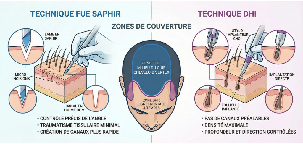 Comparaison illustrée des techniques FUE Saphir et DHI en méga session : à gauche, la technique FUE Saphir avec lame en saphir créant des micro-incisions en forme de V (contrôle précis de l'angle, traumatisme tissulaire minimal, création de canaux rapide) pour le milieu du cuir chevelu et le vertex ; au centre, diagramme crânien montrant les zones de couverture FUE (mid-scalp, vertex en bleu) et DHI (ligne frontale, tempes en violet) ; à droite, la technique DHI avec stylo implanteur Choi pour implantation directe du follicule (pas de canaux préalables, densité maximale, profondeur et direction contrôlées).