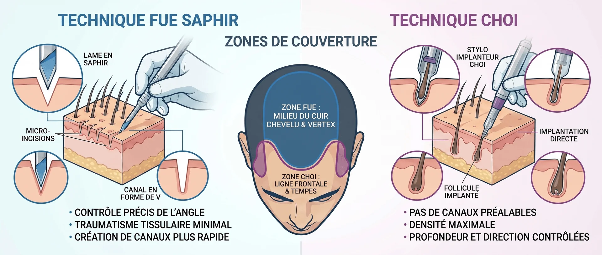 Comparaison illustrée des techniques FUE Saphir et Choi Pen en méga session : à gauche, la technique FUE Saphir avec lame en saphir créant des micro-incisions en forme de V (contrôle précis de l'angle, traumatisme tissulaire minimal, création de canaux rapide) pour le milieu du cuir chevelu et le vertex ; au centre, diagramme crânien montrant les zones de couverture FUE (mid-scalp, vertex en bleu) et Choi Pen (ligne frontale, tempes en violet) ; à droite, la technique Choi Pen avec stylo implanteur Choi pour implantation directe du follicule (pas de canaux préalables, densité maximale, profondeur et direction contrôlées).
