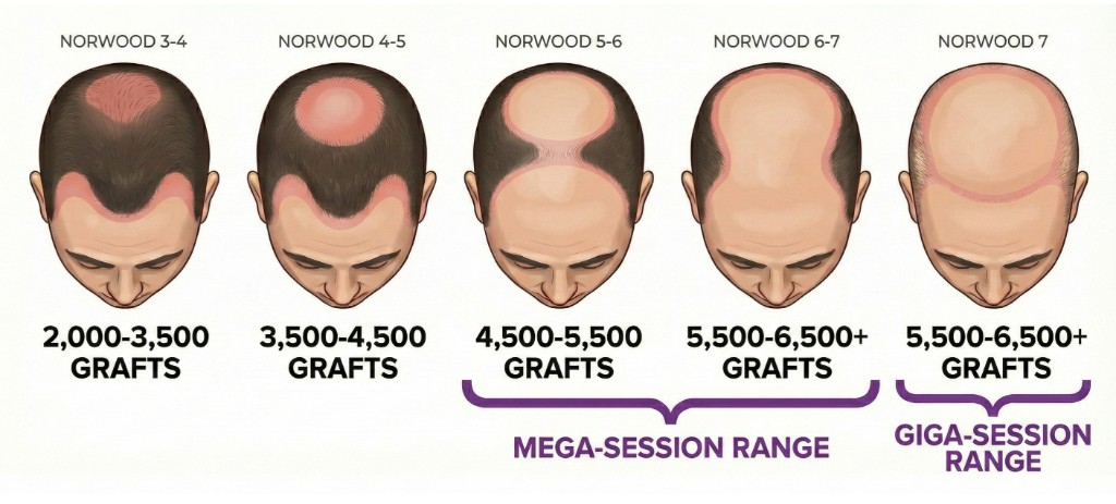Échelle de Norwood-Hamilton illustrée (stades 3 à 7) avec le nombre de greffons nécessaires par stade : Norwood 3-4 (2 000-3 500 greffons), Norwood 4-5 (3 500-4 500 greffons), Norwood 5-6 (4 500-5 500 greffons, plage méga session), Norwood 6-7 (5 500-6 500+ greffons, plage giga session) et Norwood 7 (5 500-6 500+ greffons). Les zones de calvitie sont marquées en rouge/rose sur chaque crâne vu du dessus. Les plages méga session et giga session sont indiquées par des accolades violettes.