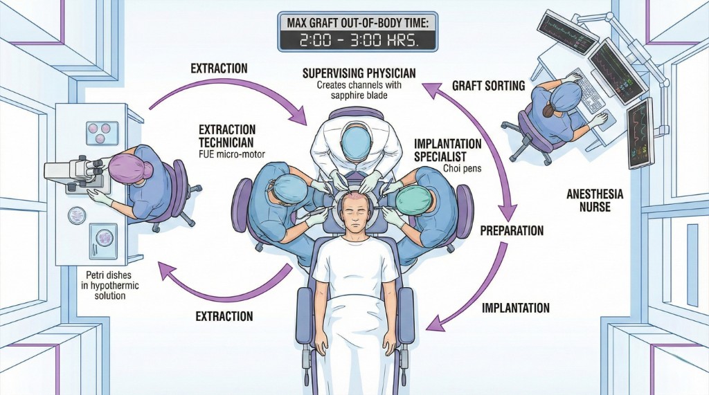Schéma vue de dessus du bloc opératoire lors d'une méga session de greffe capillaire : le patient est allongé au centre, entouré de 6+ spécialistes en rotation — 2 techniciens d'extraction (FUE micro-motor), 1 médecin superviseur (création de canaux à la lame saphir), 1 spécialiste d'implantation (stylo Choi), 1 station de tri et préparation des greffons (boîtes de Petri en solution hypothermique), 1 infirmière anesthésiste (monitoring des constantes). Les flèches violettes montrent le flux de travail circulaire : extraction → tri → préparation → implantation. Horloge affichant le temps hors-corps maximal : 2h00-3h00.