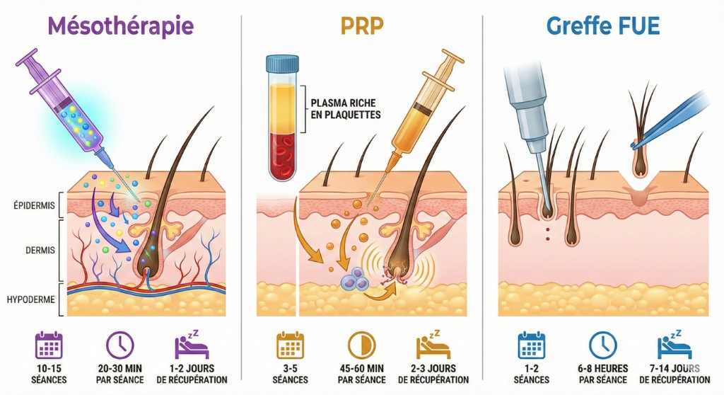Infographie comparative des trois traitements capillaires en coupe transversale du cuir chevelu : à gauche, mésothérapie — injection de cocktail vitaminé dans le mésoderme via seringue, 10-15 séances de 20-30 min, 1-2 jours de récupération ; au centre, PRP (Plasma Riche en Plaquettes) — tube de centrifugation séparant le plasma doré du sang puis injection des facteurs de croissance activant les cellules souches du follicule, 3-5 séances de 45-60 min, 2-3 jours de récupération ; à droite, greffe FUE — extraction d'unités folliculaires individuelles avec micro-punch puis implantation dans la zone receveuse, 1-2 séances de 6-8 heures, 7-14 jours de récupération. Couches anatomiques annotées : épiderme, dermis, hypoderme