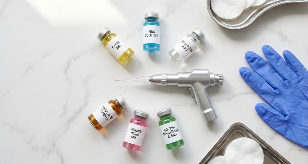 Équipement de mésothérapie capillaire en vue aérienne sur surface en marbre blanc : pistolet à mésothérapie professionnel en métal argenté avec aiguille 30G au centre, entouré de flacons de cocktail mésothérapeutique — biotine B8 (jaune), solution de zinc (bleu), acide hyaluronique (transparent), complexe d'acides aminés (ambre), mélange vitamines B5/B6 (rose), mélange cuivre-magnésium (vert), avec gants en nitrile bleu, cotons et plateau médical