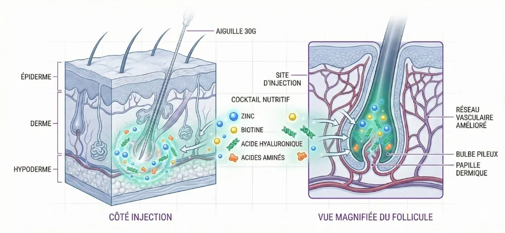 Schéma du mécanisme de la mésothérapie capillaire en coupe transversale : à gauche, injection du cocktail nutritif (zinc, biotine, acide hyaluronique, acides aminés) dans le mésoderme du cuir chevelu via une aiguille 30G à travers les couches épiderme, derme et hypoderme ; à droite, vue magnifiée du follicule pileux montrant le site d'injection, le réseau vasculaire amélioré, le bulbe pileux et la papille dermique recevant les nutriments