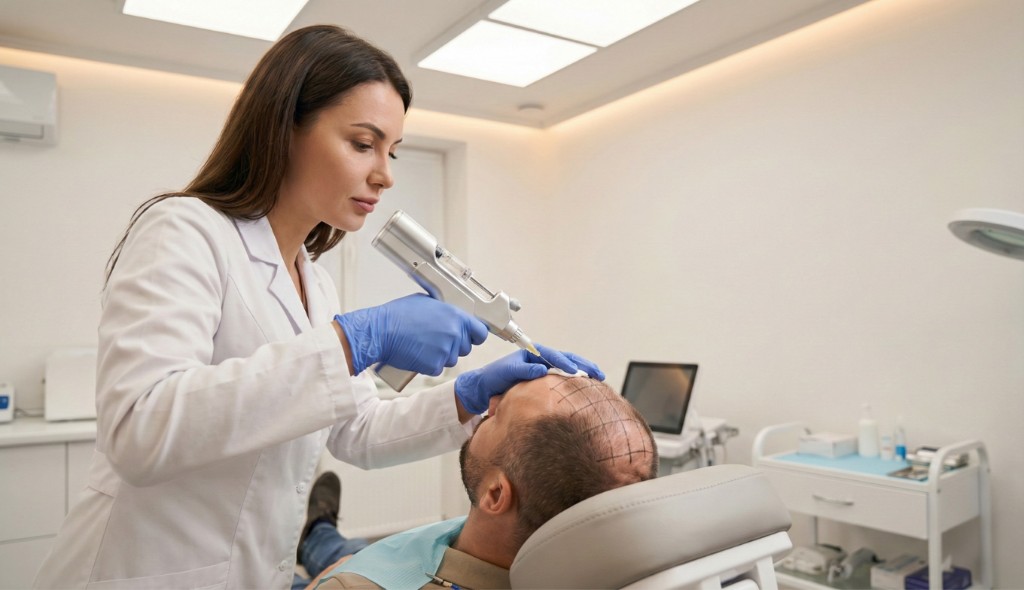 Séance de mésothérapie capillaire en clinique de médecine esthétique : une dermatologue en blouse blanche et gants en nitrile bleu réalise des micro-injections dans le cuir chevelu d'un patient masculin à l'aide d'un pistolet à mésothérapie automatisé en métal argenté, patient allongé confortablement sur un fauteuil médical inclinable, salle de traitement moderne avec éclairage LED, écran médical et équipement visible en arrière-plan, grille de repérage dessinée au crayon dermatographique sur le cuir chevelu du patient