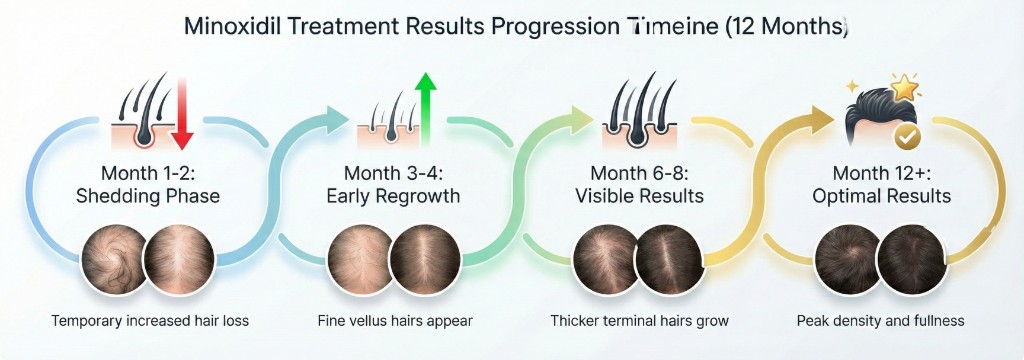 Chronologie des résultats du traitement au minoxidil sur 12 mois en 4 phases : Mois 1-2 shedding phase (chute temporaire accrue), Mois 3-4 early regrowth (apparition de cheveux vellus fins), Mois 6-8 visible results (croissance de cheveux terminaux plus épais), Mois 12+ optimal results (densité et volume maximaux). Photos comparatives du cuir chevelu à chaque étape.