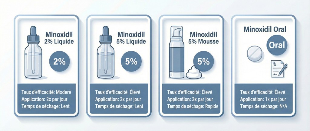 Infographie comparative des 4 formes de minoxidil : Minoxidil 2% liquide (taux d'efficacité modéré, 2x par jour, séchage lent), Minoxidil 5% liquide (taux d'efficacité élevé, 2x par jour, séchage lent), Minoxidil 5% mousse (taux d'efficacité élevé, 2x par jour, séchage rapide) et Minoxidil oral (taux d'efficacité élevé, 1x par jour)