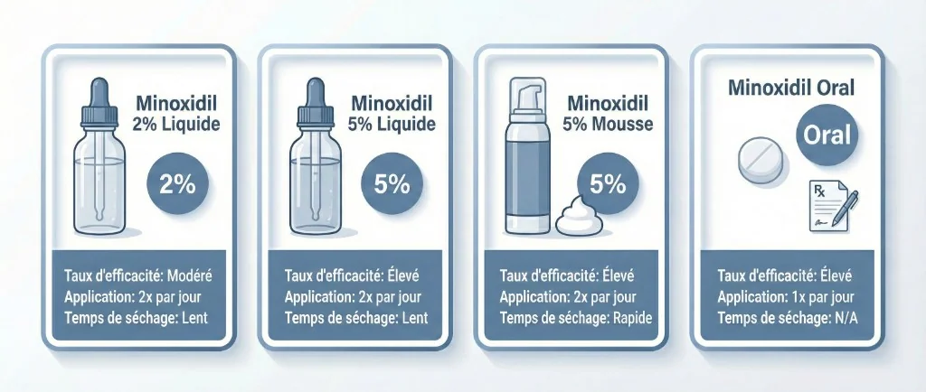 Comparaison des 4 formes de minoxidil : liquide 2%, liquide 5%, mousse 5% et oral — Posologie et efficacité | Renaissance Clinique Infographie comparative des 4 formes de minoxidil : Minoxidil 2% liquide (taux d'efficacité modéré, 2x par jour, séchage lent), Minoxidil 5% liquide (taux d'efficacité élevé, 2x par jour, séchage lent), Minoxidil 5% mousse (taux d'efficacité élevé, 2x par jour, séchage rapide) et Minoxidil oral (taux d'efficacité élevé, 1x par jour)