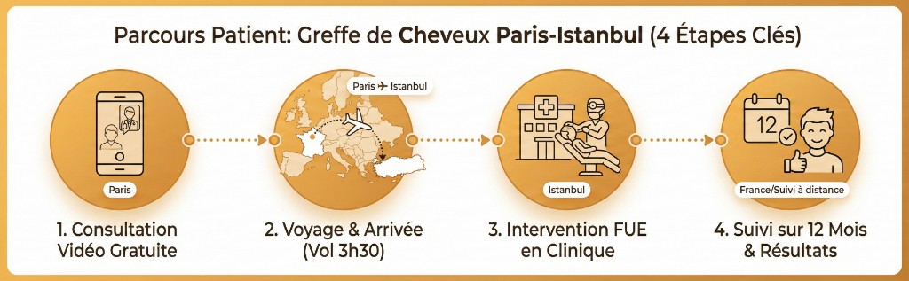 Parcours patient greffe de cheveux Paris-Istanbul en 4 étapes clés : 1. Consultation vidéo gratuite depuis Paris, 2. Voyage et arrivée avec vol direct Paris-Istanbul de 3h30 sur carte de l'Europe, 3. Intervention FUE en clinique à Istanbul, 4. Suivi sur 12 mois et résultats depuis la France à distance. Infographie avec icônes connectées par un chemin pointillé.