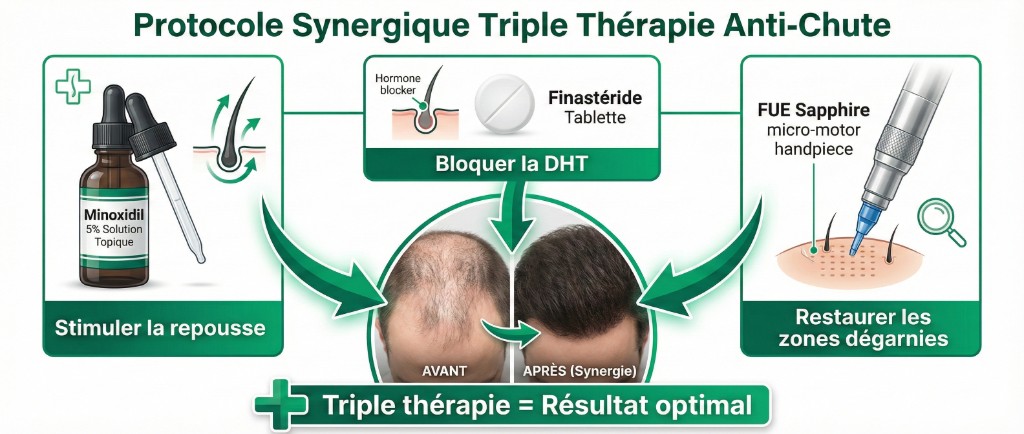 Protocole synergique triple thérapie anti-chute de cheveux : à gauche, flacon de Minoxidil 5% solution topique pour stimuler la repousse ; au centre, comprimé de Finastéride pour bloquer la DHT avec photo avant/après montrant l'amélioration capillaire ; à droite, pièce à main micro-moteur FUE Saphir pour restaurer les zones dégarnies par transplantation. Flèches convergentes vers le résultat combiné. Bannière : Triple thérapie = Résultat optimal.