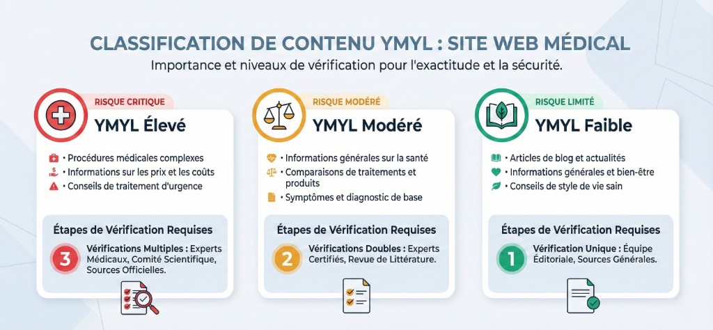 Infographie de classification de contenu YMYL pour site web médical : YMYL Élevé (risque critique — procédures médicales complexes, prix, conseils de traitement d'urgence — 3 vérifications multiples par experts médicaux, comité scientifique et sources officielles), YMYL Modéré (risque modéré — informations générales santé, comparaisons de traitements, symptômes — 2 vérifications doubles par experts certifiés et revue de littérature), YMYL Faible (risque limité — articles de blog, bien-être, conseils de vie sain — 1 vérification unique par équipe éditoriale)