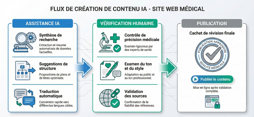 Infographie du flux de création de contenu IA pour site web médical en 3 phases : 1. Assistance IA — synthèse de recherche (extraction et résumé automatisés de données factuelles), suggestions de structure (propositions de plans et de titres optimisés), traduction automatique (conversion rapide vers différentes langues cibles) ; 2. Vérification humaine — contrôle de précision médicale (examen rigoureux par des experts de santé), examen du ton et du style (adaptation au public et au ton professionnel), validation des sources (confirmation de la fiabilité des références) ; 3. Publication — cachet de révision finale « Publication Approuvée — Qualité Médicale », mise en ligne après validation complète