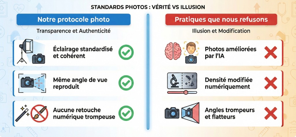 Comparatif des standards photos avant/après pour clinique médicale — Vérité vs Illusion : Notre protocole photo (transparence et authenticité) avec éclairage standardisé et cohérent, même angle de vue reproduit, aucune retouche numérique trompeuse ; Pratiques que nous refusons (illusion et modification) : photos améliorées par l'IA, densité modifiée numériquement, angles trompeurs et flatteurs