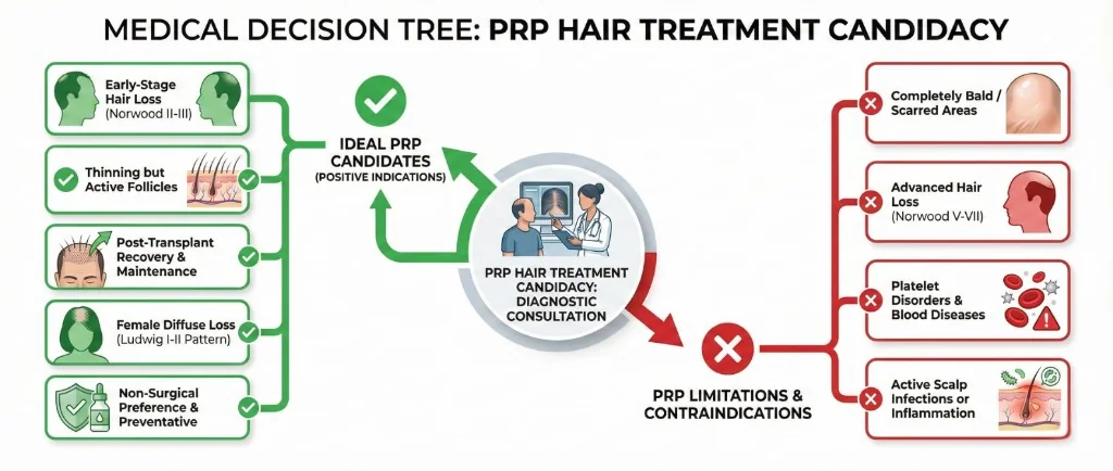 Arbre décisionnel médical d'éligibilité au PRP capillaire : à gauche les 5 indications positives (candidats idéaux) — alopécie débutante Norwood II-III, cheveux clairsemés avec follicules encore actifs, récupération et entretien post-greffe, alopécie diffuse féminine Ludwig I-II, préférence non chirurgicale et prévention — au centre la consultation diagnostique avec analyse trichoscopique — à droite les 4 limitations et contre-indications — zones totalement chauves ou cicatricielles, alopécie avancée Norwood V-VII, troubles plaquettaires et maladies sanguines, infections ou inflammations actives du cuir chevelu