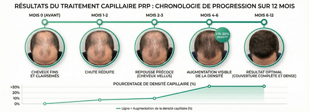 Chronologie photographique des résultats du traitement PRP capillaire sur 12 mois en 5 étapes avec courbe de progression de la densité : Mois 0 (avant) cheveux fins et clairsemés sur le vertex, Mois 1-2 chute réduite et stabilisation, Mois 2-3 repousse précoce de cheveux vellus visibles, Mois 4-6 augmentation visible de la densité capillaire de +15-30% mesurée par trichoscopie, Mois 6-12 résultat optimal avec couverture complète et dense — graphique du pourcentage de densité capillaire montrant une progression exponentielle de 0% à plus de 30%