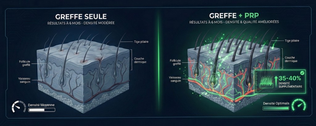 Comparaison anatomique en coupe transversale du cuir chevelu à 6 mois post-opératoire : greffe seule (gauche) montrant une densité modérée avec follicules greffés, tiges pilaires fines, vaisseaux sanguins standards et couche dermique normale — versus greffe combinée au PRP (droite) montrant une densité et qualité améliorées avec 35-40% de densité supplémentaire, follicules greffés plus volumineux, néovascularisation périfolliculaire accrue (réseau vasculaire en rouge-vert), tiges pilaires plus épaisses et couche dermique revitalisée