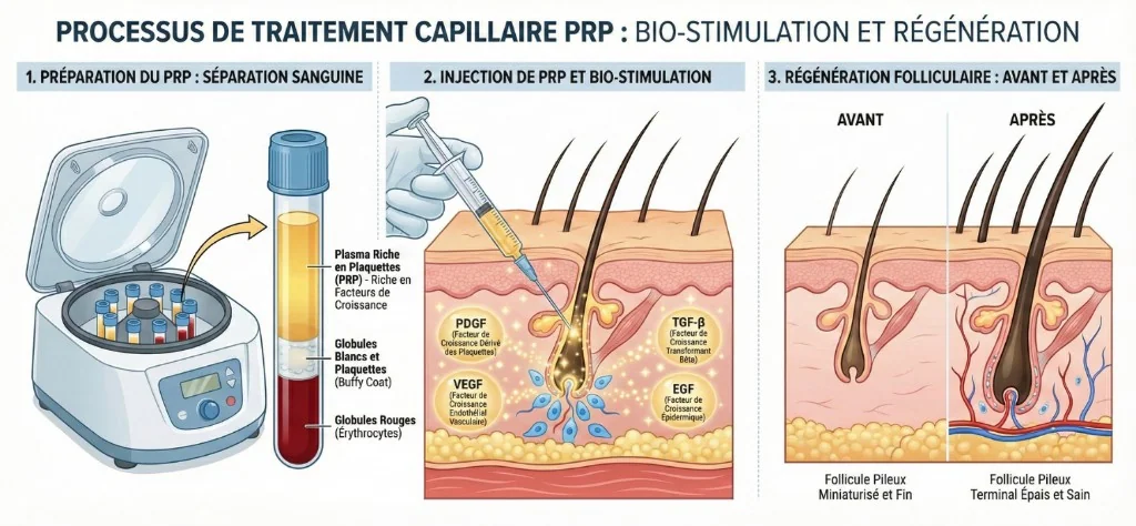 Schéma du processus PRP capillaire en 3 étapes : 1. Préparation du PRP par séparation sanguine (centrifugeuse isolant plasma riche en plaquettes, globules blancs et globules rouges), 2. Injection de PRP et bio-stimulation avec facteurs de croissance (PDGF, VEGF, TGF-β, EGF) activant le follicule pileux, 3. Régénération folliculaire avant/après montrant la transformation d'un follicule miniaturisé en follicule terminal épais et sain