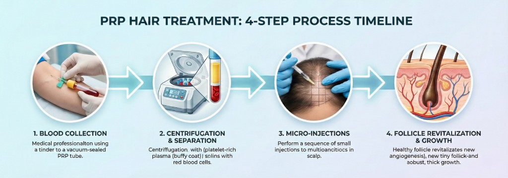 Protocole PRP capillaire en 4 étapes chronologiques : étape 1 prélèvement sanguin dans un tube PRP sous vide par un professionnel médical, étape 2 centrifugation et séparation du plasma riche en plaquettes (buffy coat) des globules rouges, étape 3 micro-injections intradermiques ciblées dans le cuir chevelu selon un quadrillage précis, étape 4 revitalisation folliculaire avec néoangiogenèse et repousse de cheveux terminaux épais et sains