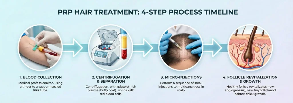 Protocole PRP capillaire en 4 étapes chronologiques : étape 1 prélèvement sanguin dans un tube PRP sous vide par un professionnel médical, étape 2 centrifugation et séparation du plasma riche en plaquettes (buffy coat) des globules rouges, étape 3 micro-injections intradermiques ciblées dans le cuir chevelu selon un quadrillage précis, étape 4 revitalisation folliculaire avec néoangiogenèse et repousse de cheveux terminaux épais et sains