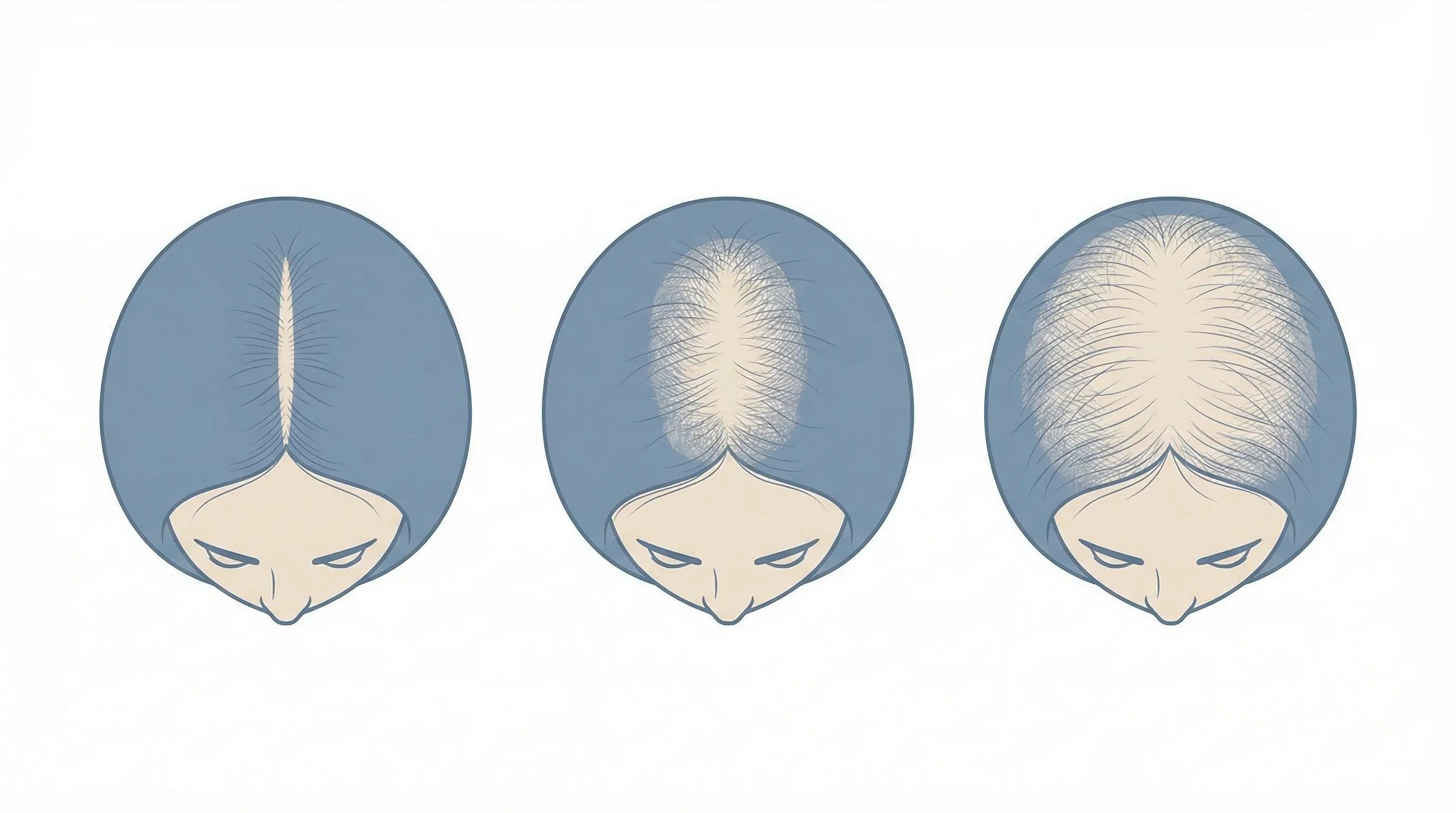 Échelle de Ludwig : 3 stades de l'alopécie androgénétique féminine — Ludwig I (raréfaction légère de la raie), Ludwig II (cuir chevelu visible), Ludwig III (perte étendue du sommet)