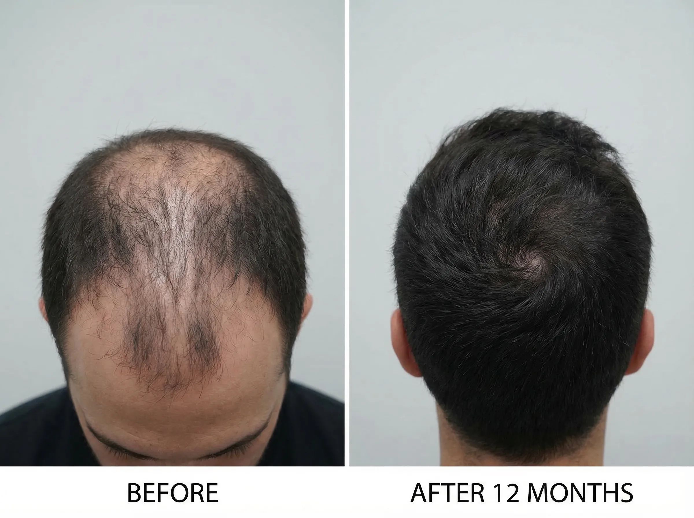 Résultats de greffe de cheveux pour alopécie masculine : comparaison avant et après la procédure FUE Saphir et DHI chez Renaissance Clinique