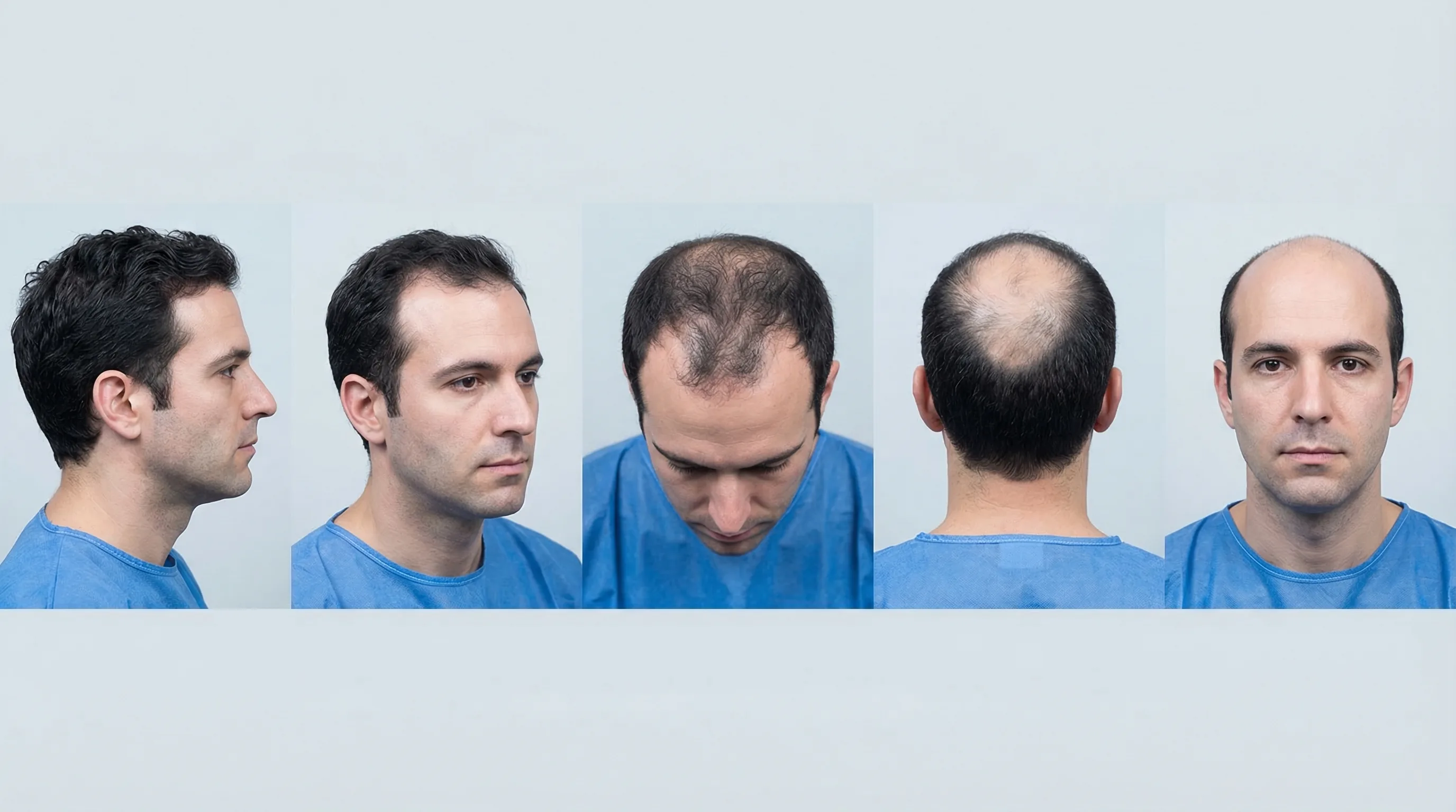 Évolution de la Calvitie Masculine — Les Stades de Progression | Renaissance Clinique Évolution progressive de la calvitie masculine : illustration des stades de la perte de cheveux du stade initial à la calvitie avancée