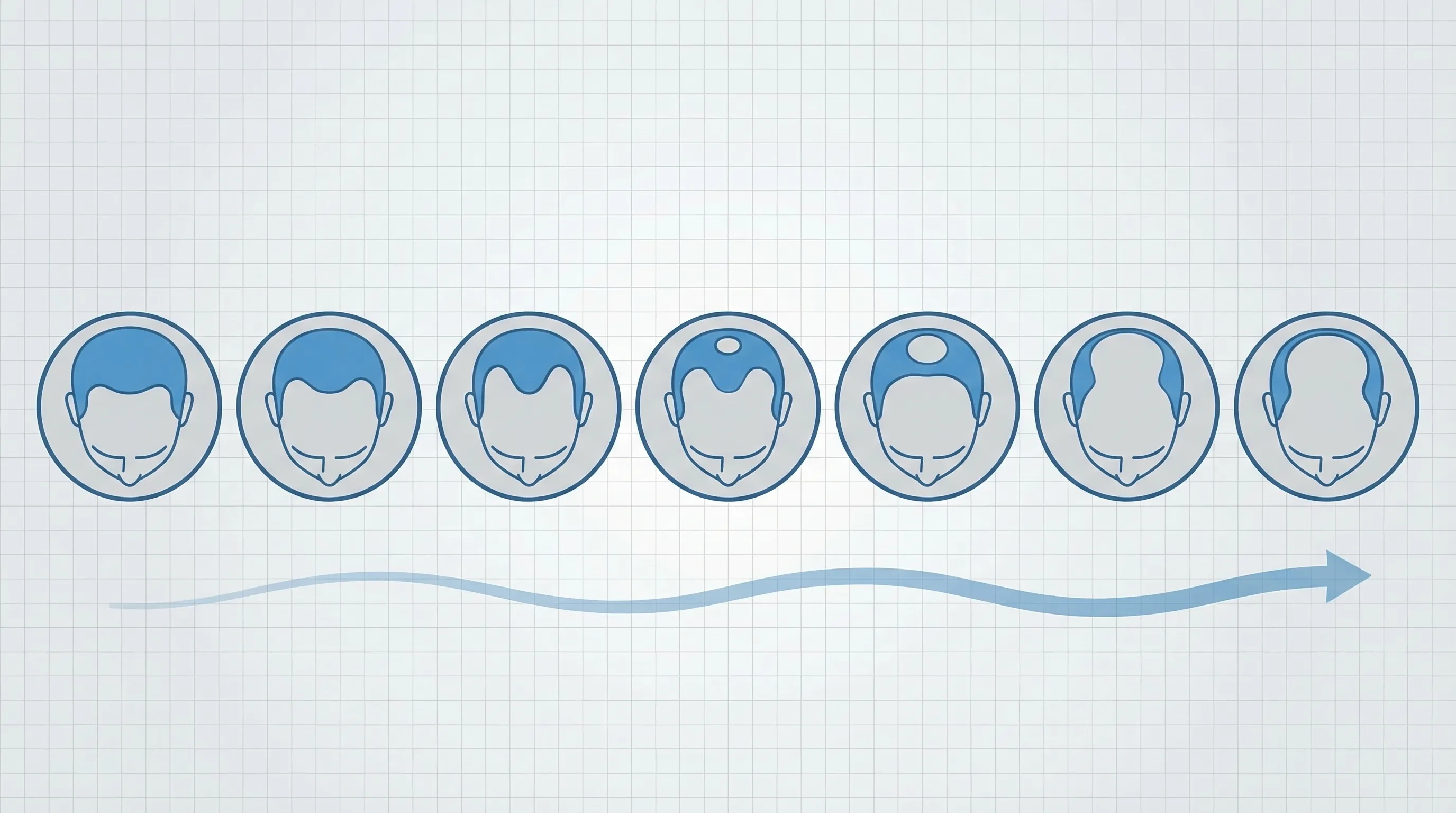 Échelle de Norwood complète : 7 stades de l'évolution de la calvitie masculine, du stade I (pas de récession) au stade VII (calvitie totale)