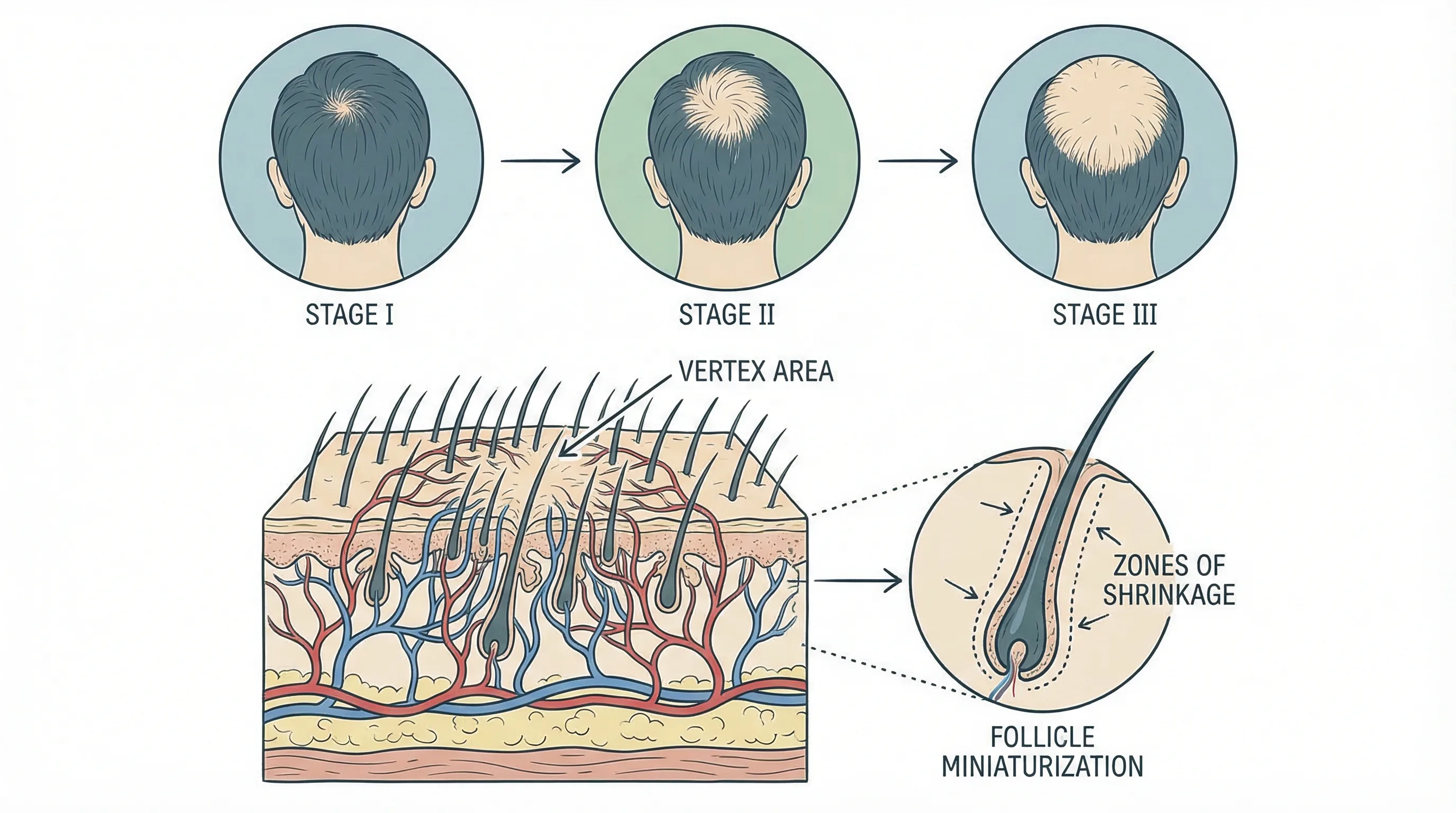 Diagramme de la calvitie du vertex : progression de la perte capillaire au sommet du crâne, stades Norwood IIIv, IV, V et VI avec représentation du vortex capillaire