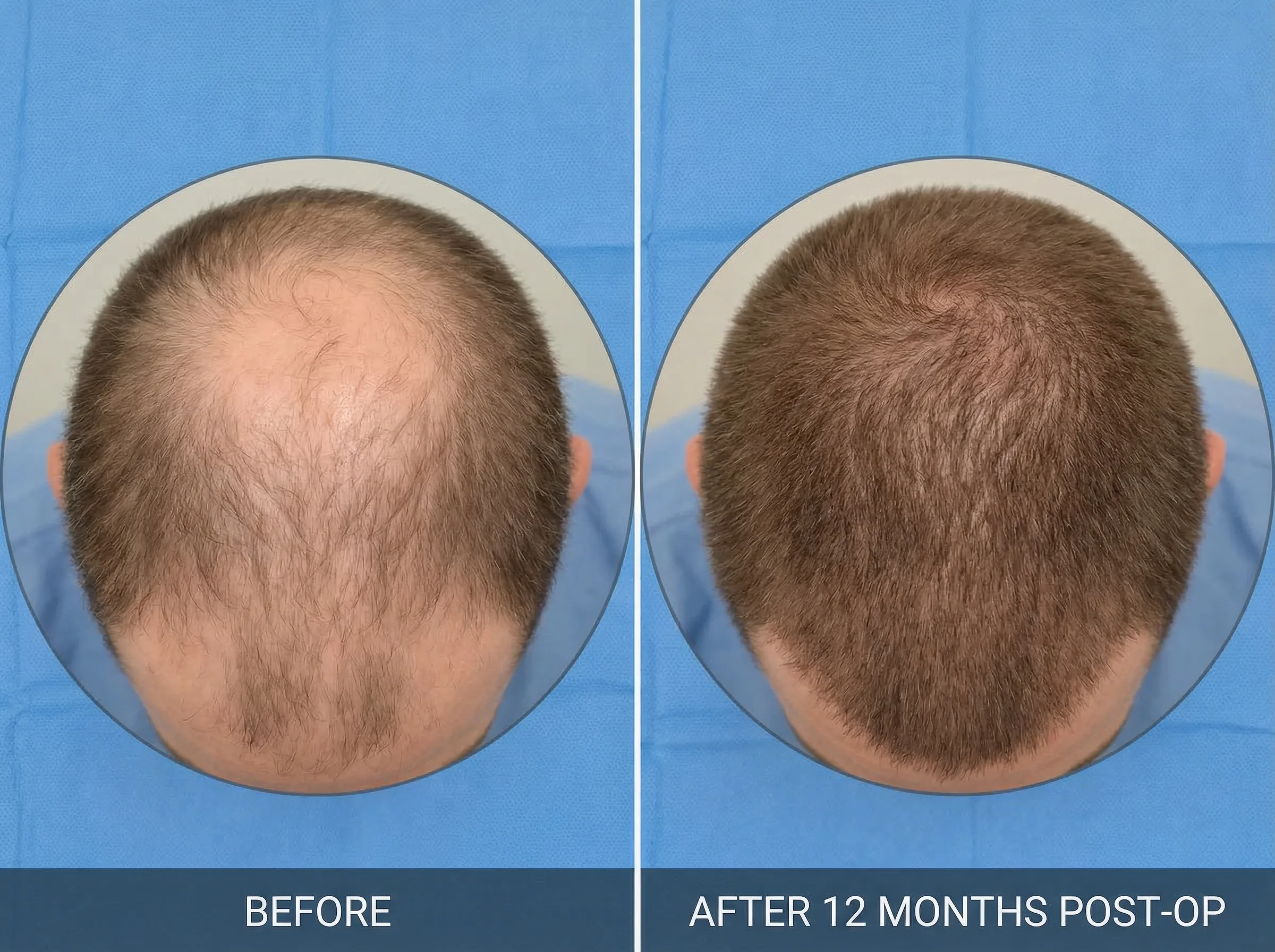 Résultat avant/après greffe de cheveux du vertex : restauration complète du sommet du crâne par technique FUE Saphir